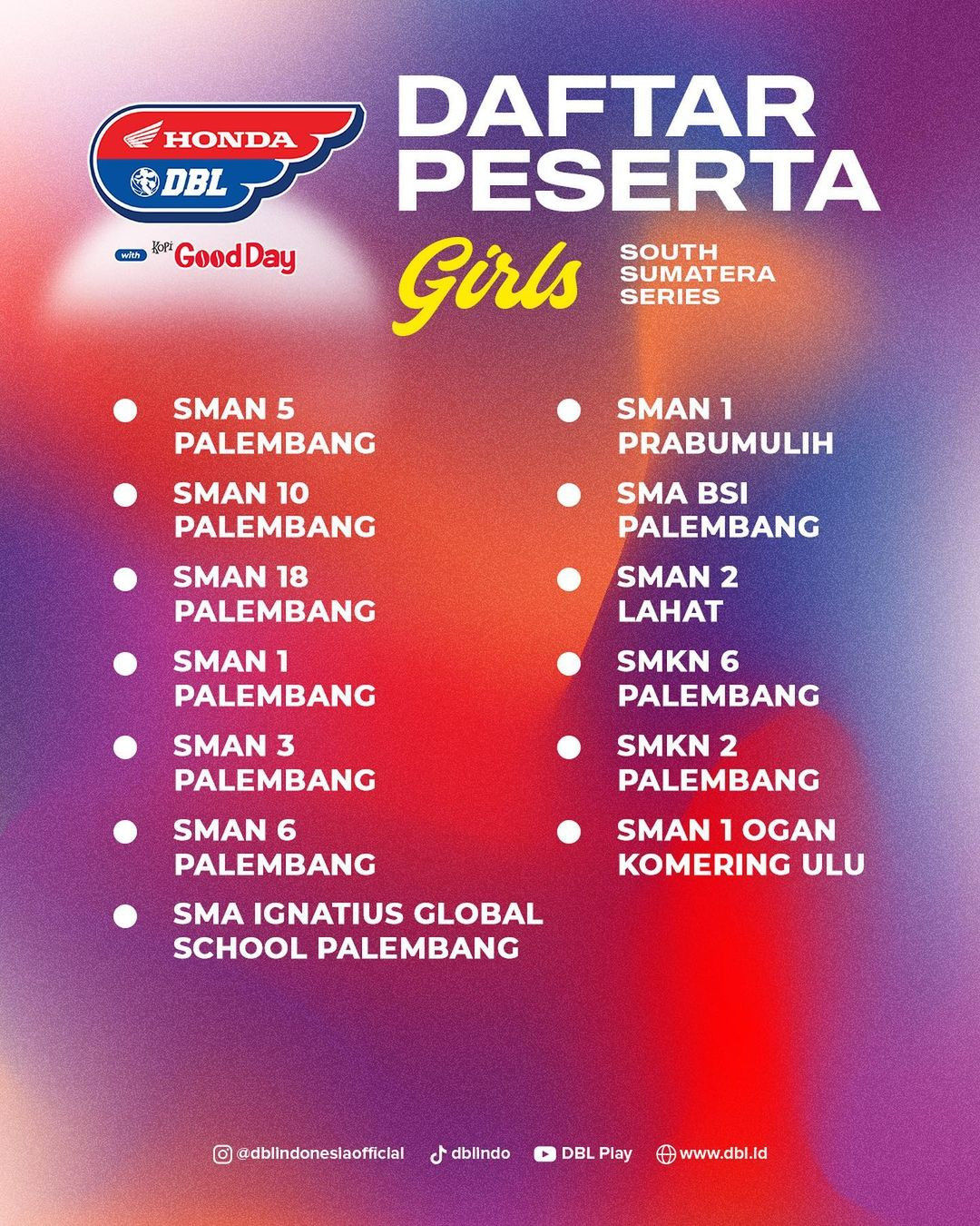 Daftar Sekolah DBL Palembang (Putri)