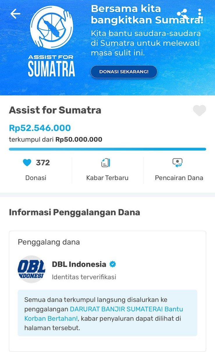 Assist for Sumatra Resmi Ditutup, Sebanyak 372 Orang Baik Ikut Berdonasi!